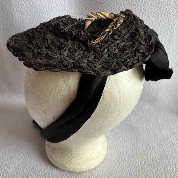Antique Victorian Black Woven Ribbon Bonnet with Wheat Accents main image 14